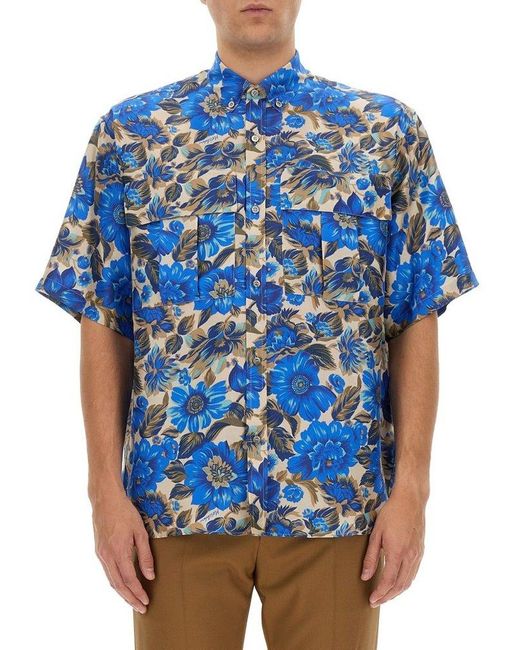 Moschino Blue All-over Floral Printed Buttoned Shirt for men