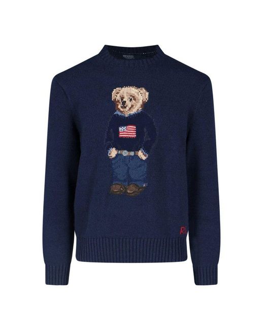 Polo Ralph Lauren Blue Bear Motif Crewneck Knitted Jumper