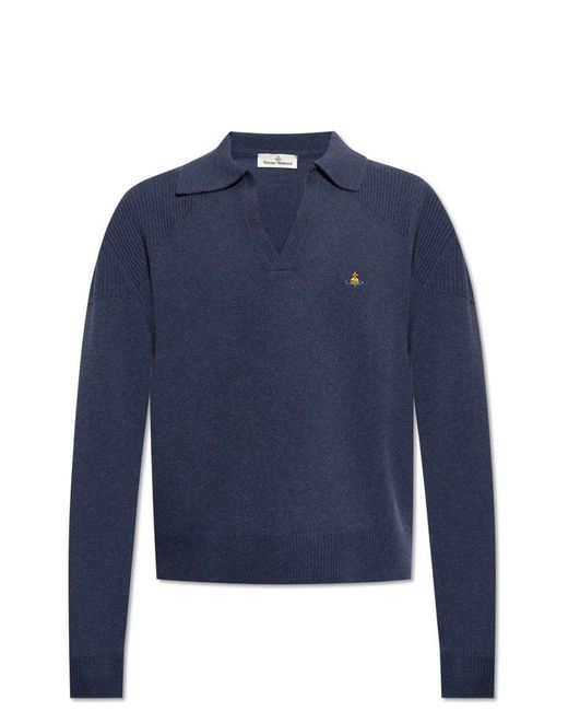 Vivienne Westwood Blue Orb-embroidered Knitted Polo Shirt for men
