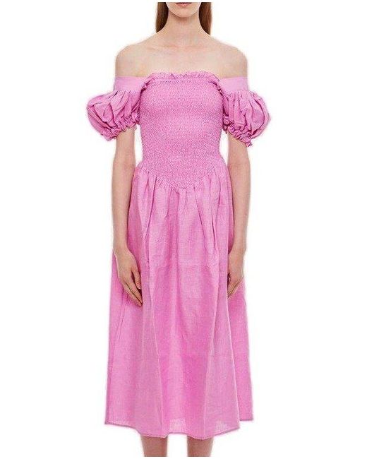 Sleeper Pink Ruffled Off-shoulder Midi Dress