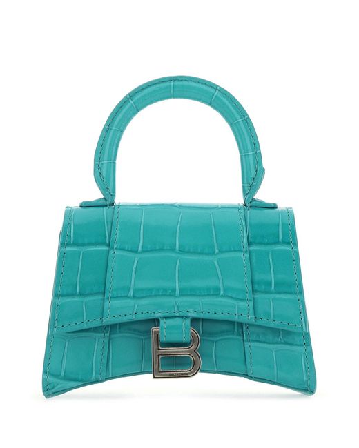 Balenciaga Blue Xs Hourglass Croc-embossed Top Handle Bag In Calfskin