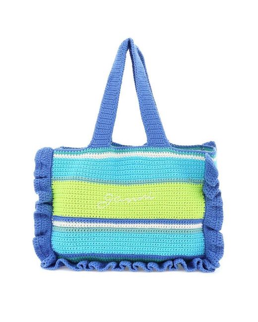 Ganni Blue Logo Embroidered Crochet Tote Bag