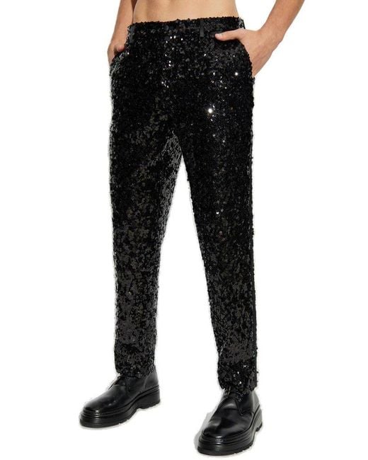 Dolce & Gabbana Black Sequin-embellished Straight Leg Trousers for men