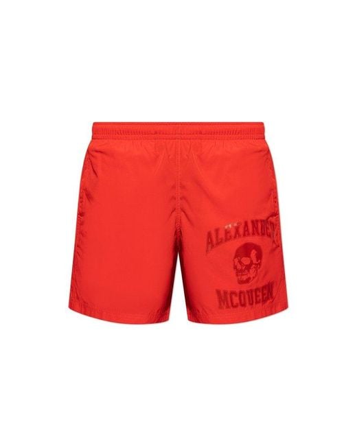 Alexander McQueen Red Varsity-Print Swim Shorts for men