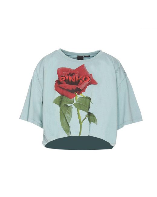 Pinko Blue Rose Printed Cropped T-shirt
