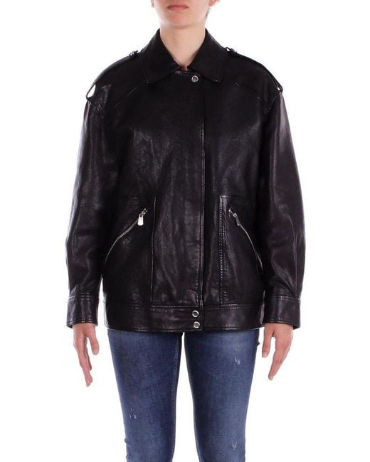 Pinko Black Press-Stud Fastened Leather Jacket