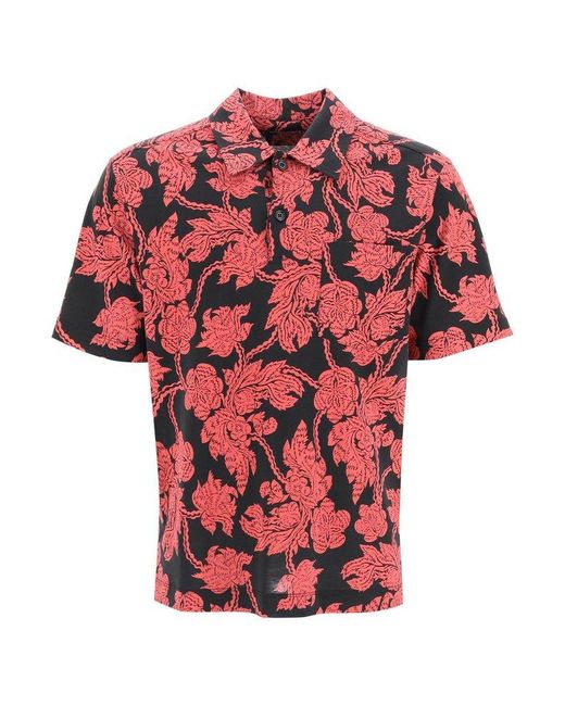 Dries Van Noten Red All-Over Flower Print Polo Shirt for men