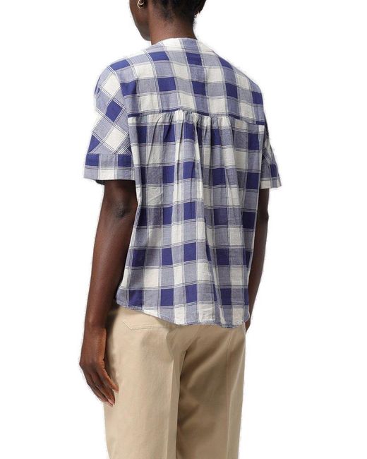 Woolrich Blue Checked V-neck Short-sleeved Shirt