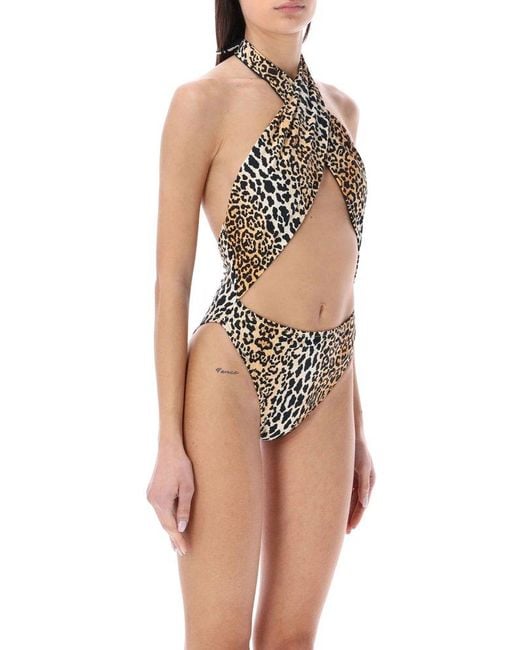Reina Olga White Leopard Print Halter-neck Swimsuit