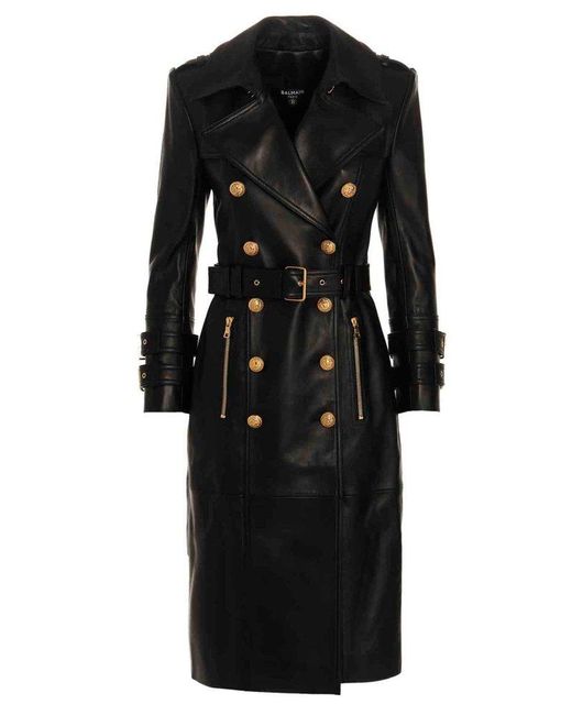 Balmain Black Belted Double-breasted Leather Trench Coat