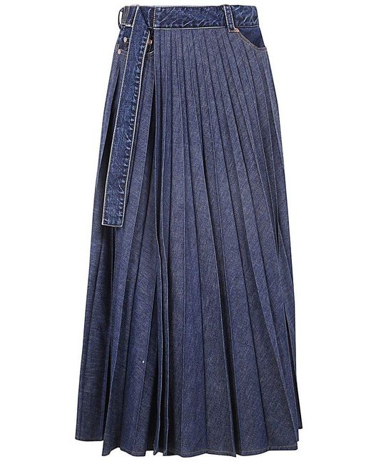 Sacai Blue Pleated Midi Denim Skirt