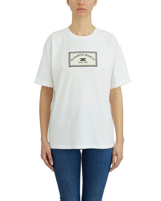 【関税・送料込み】ELISABETTA FRANCHI WHITE COTTON T-SHIRT Elisabetta Franchi Logo Modal T-Shirt in White | Lyst