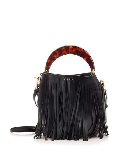 Marni Leather Venice Fringe Detailed Small Bucket Bag in Black | Lyst
