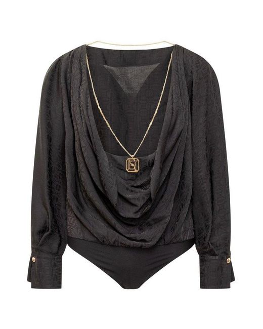 Elisabetta Franchi Black Jacquard Satin Bodysuit-Style Blouse