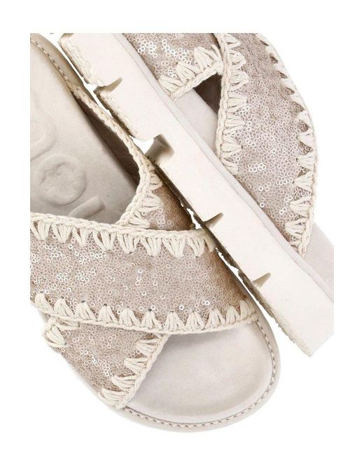 Mou Natural Criss-Cross Sequined Sandals