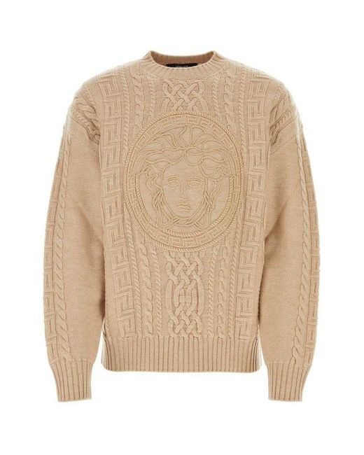 Versace Medusa Cable knitted Crewneck Jumper in Natural for Men