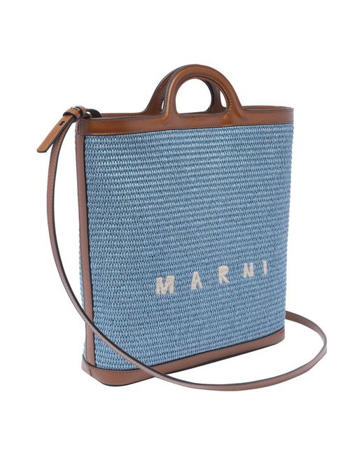 Marni Blue Logo Embroidered Raffia Tote Bag