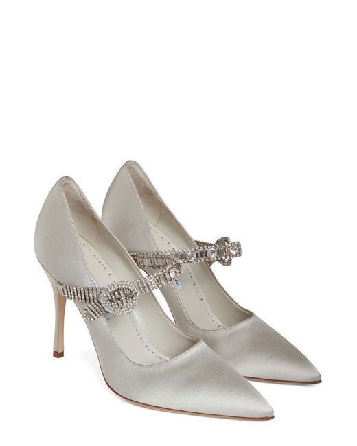 Manolo Blahnik White Hamedi Embellished Pumps