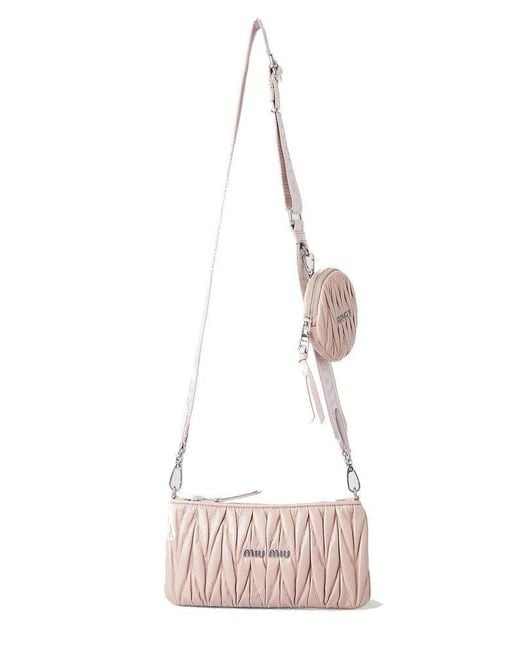 Miu Miu Shine Matelassé Logo Plaque Shoulder Bag in Pink | Lyst