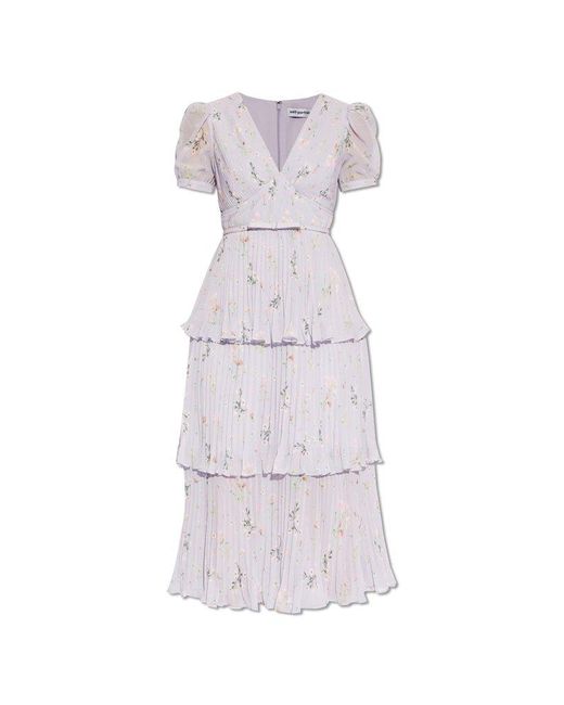 Self-Portrait White Pleated Dress With Floral Motif,