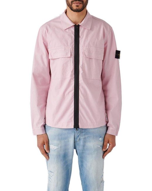 Stone Island Pink Compass-appliqué Ripstop Zipped Overshirt for men