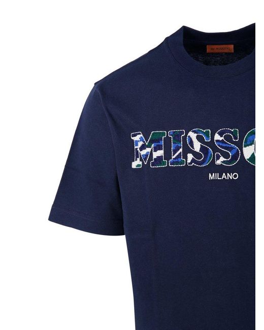 Missoni Blue Logo Embroidered Crewneck T-shirt for men