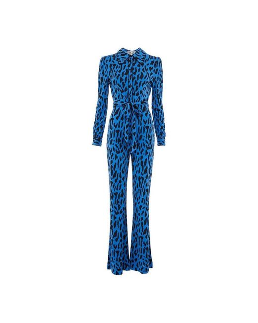 Diane von Furstenberg Blue Milly Leopard-printed Tied Flared Jumpsuit