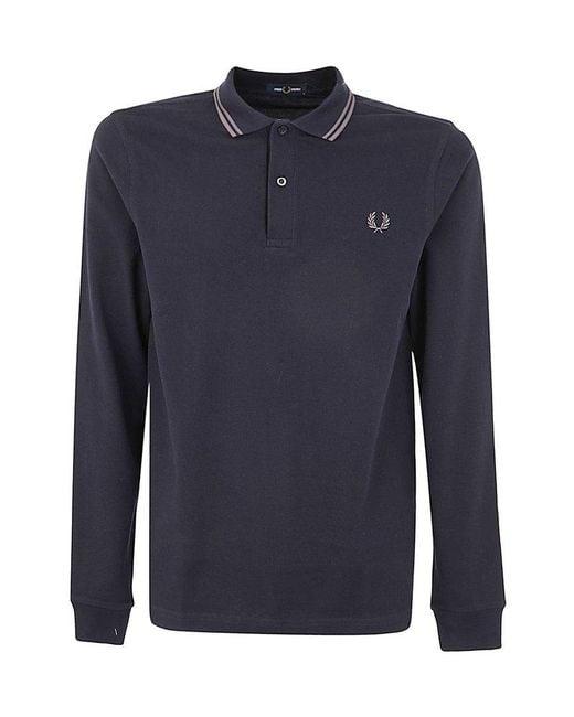 Fred Perry Blue Logo Embroidered Long-sleeved Polo Shirt for men