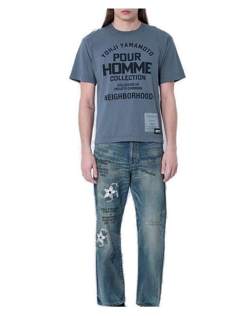 Yohji Yamamoto Blue X Neighbourhood Slogan-Printed Crewneck T-Shirt for men