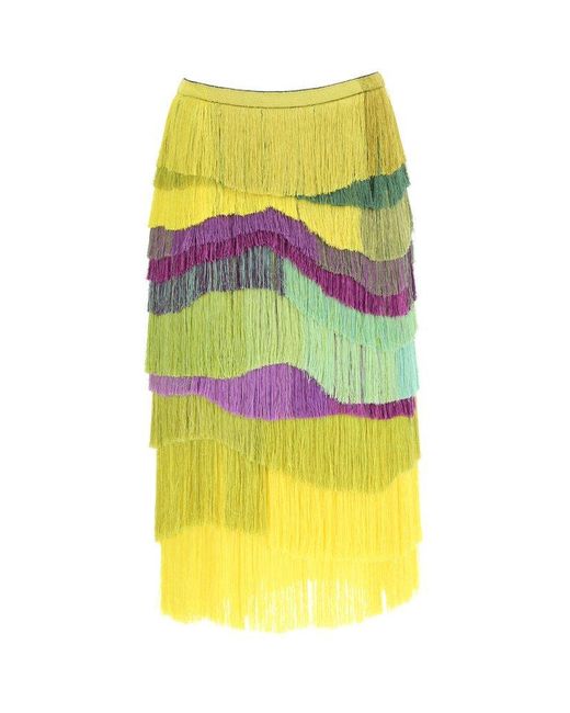 Dries Van Noten Yellow Color-block Fringed Skirt