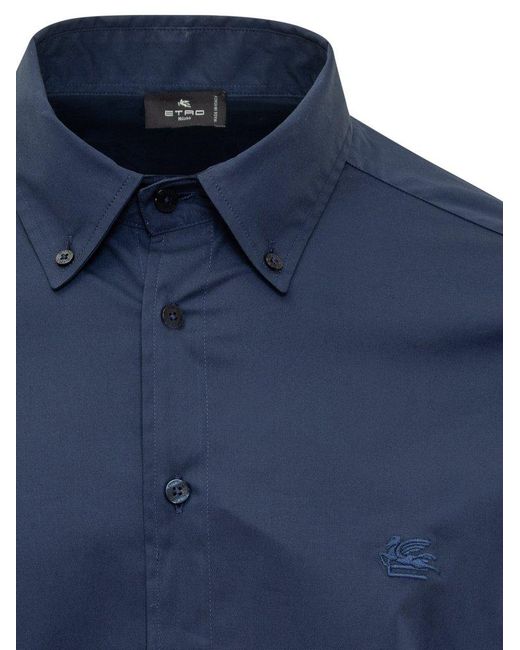 Etro Blue Cotton Shirt With Logo for men