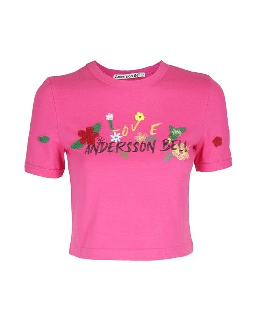 ANDERSSON BELL Pink Embroidered Logo-printed Crewneck Cropped T-shirt
