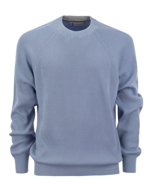 Brunello Cucinelli Blue Cotton Rib Sweater With Raglan Sleeve for men