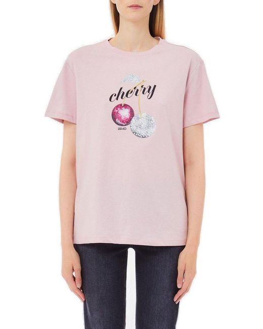 Liu Jo Pink Embellished Graphic Printed T-Shirt