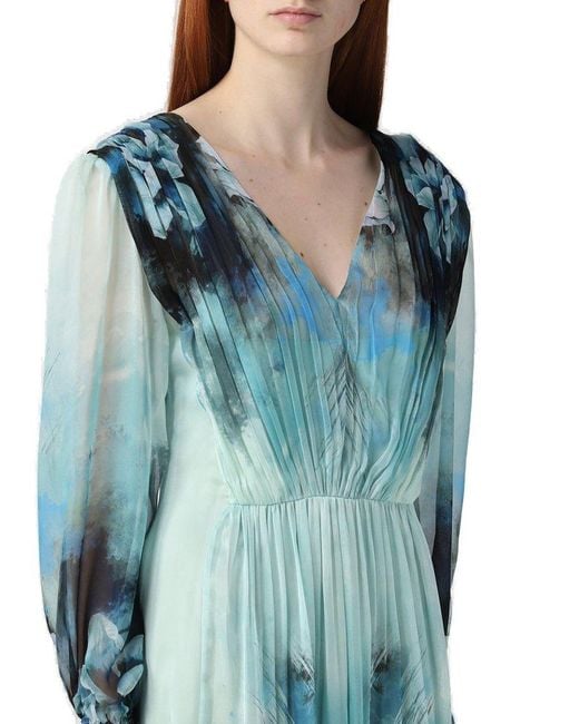 Alberta Ferretti Blue Floral Printed Pleated Midi Dress
