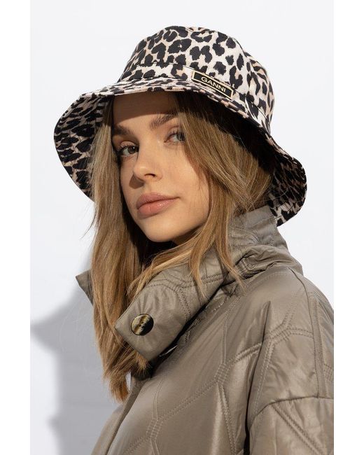 Ganni Black Leopard Print Bucket Hat,