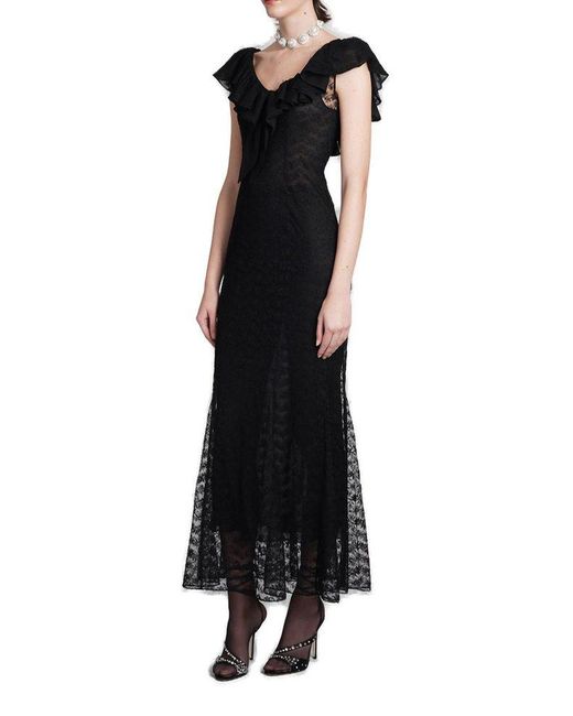 Alessandra Rich Black V-neck Ruffled Trim Maxi Dress