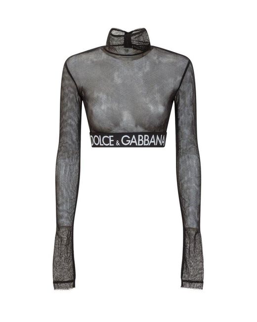 Dolce & Gabbana Black Logo Trim Mesh Long-sleeve Top