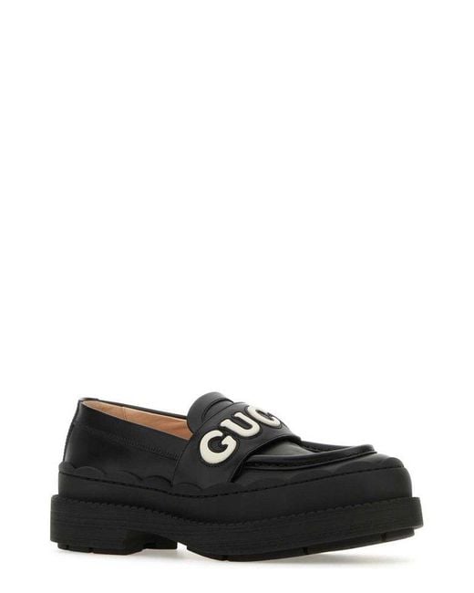 Gucci Black Logo Leather Loafers