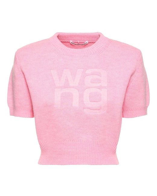Alexander Wang Pink Logo Embroidered Knitted Cropped Top