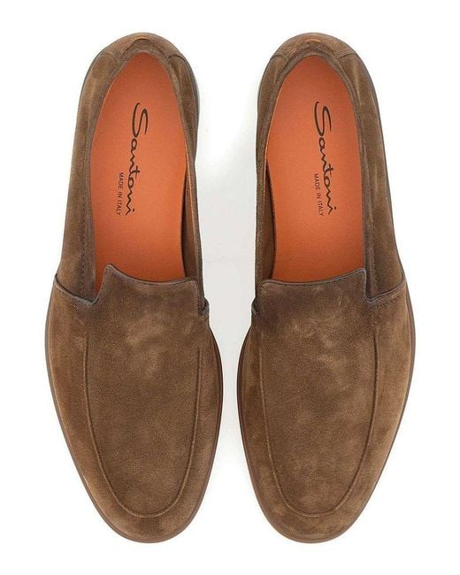 Santoni Brown Almond-Toe Slip-On Loafers for men