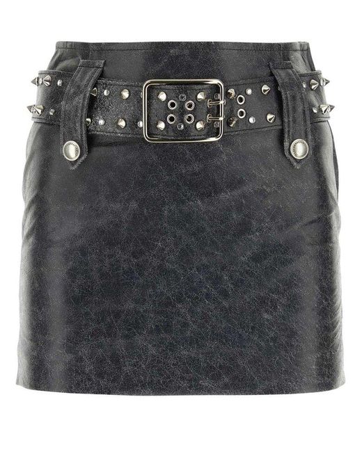 Alessandra Rich Black Spike Detailed Belted Leather Mini Skirt