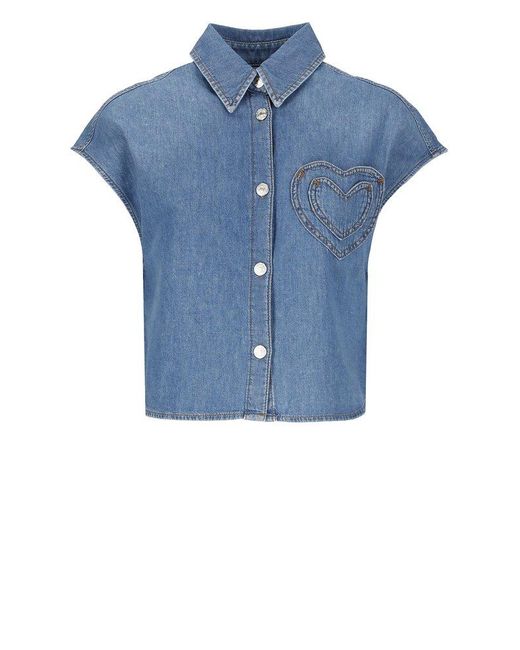 Moschino Blue Heart Patch Washed Denim Shirt