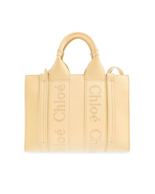 Chloé Natural Woody Logo Embroidered Small Tote Bag