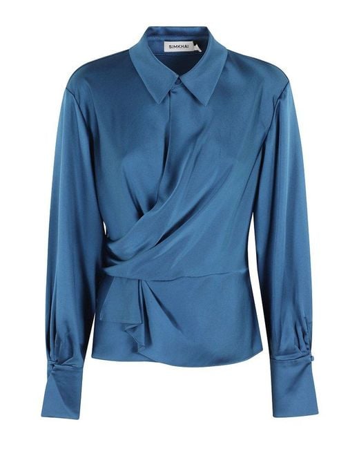 Jonathan Simkhai Blue Satin-Finish Long-Sleeve Blouse With Draped Front