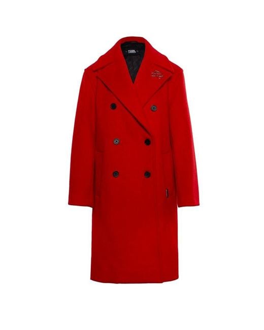 Karl Lagerfeld Red Double-breasted Logo Plaque Coat