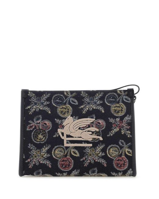 Etro Black Logo Embroidered Floral Clutch Bag