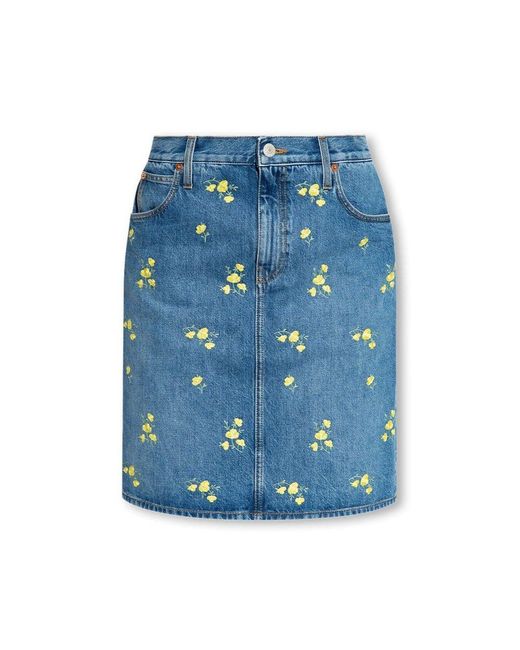 Gucci Blue Floral-print Denim Skirt