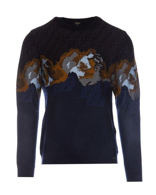 Fendi Blue Gradient-effect Ff Motif Sweater for men