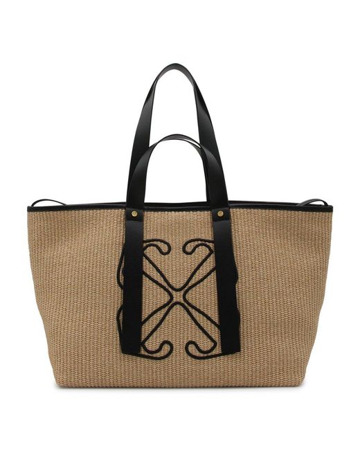 Off-White c/o Virgil Abloh Brown Off- Raffia And Blacke Leather Arrows Tote Bag